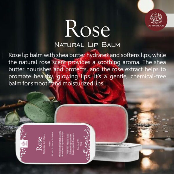 AL MASNOON 100% Natural Rose Lip Balm with Shea Butter & Rose Extract - Nourishing & Moisturizing 10g Pack, No Color Added for Soft, Smooth Lips